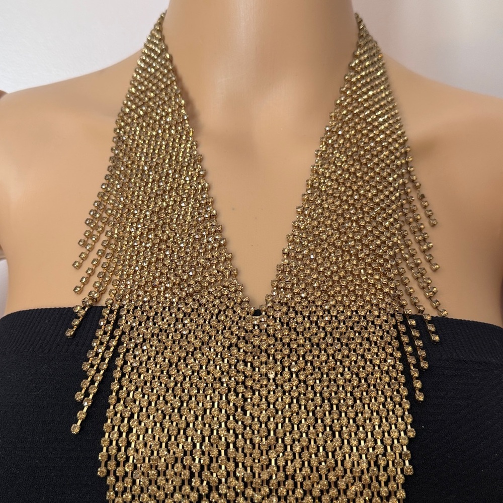 Vintage Natasha V-Shaped Rhinestone Bib Necklace Gold-Tone Statement Fringe - Picture 9 of 16